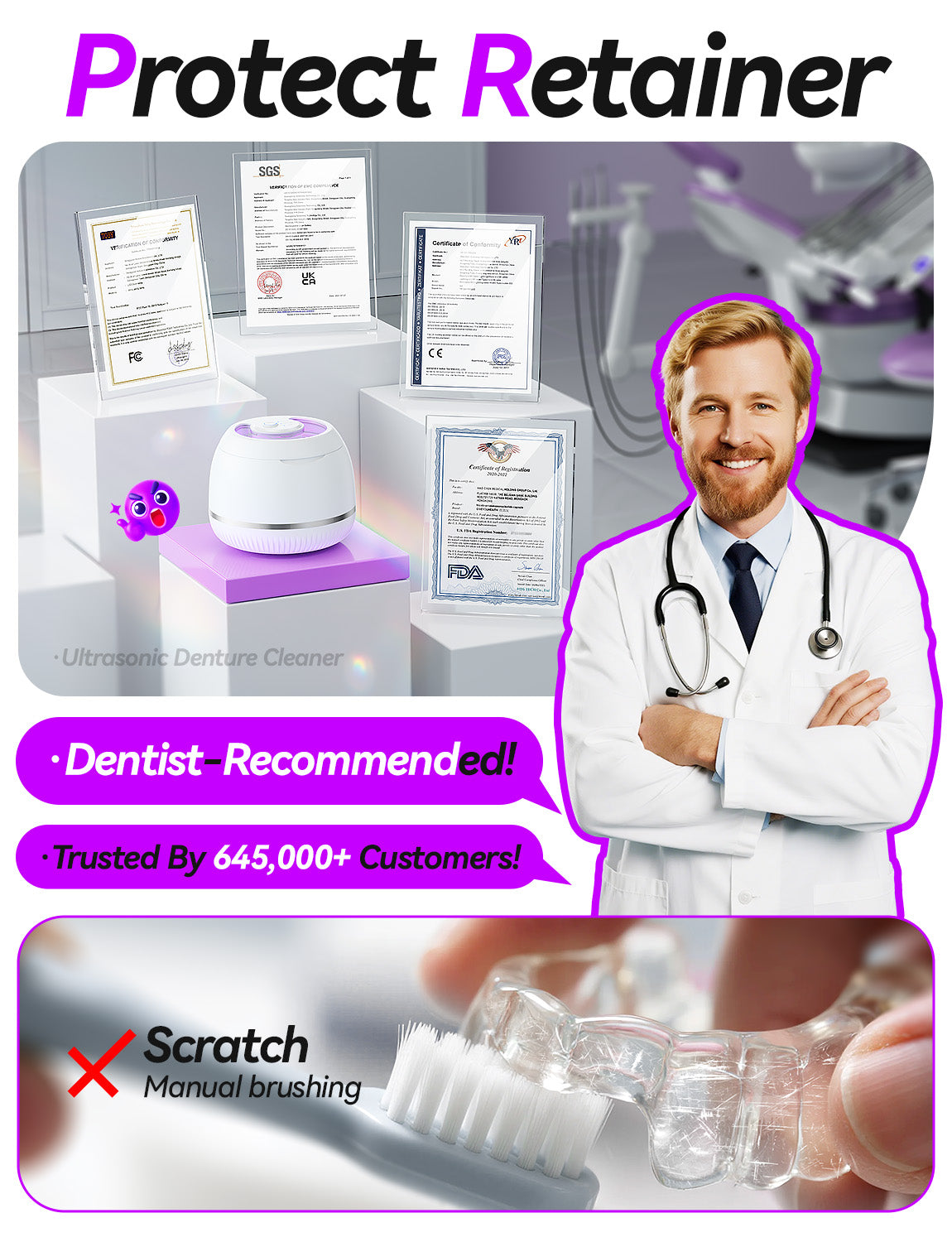 Beser Ultrasonic Retainer Cleaner, 2X Clean, 4X Sterilize, Dental Retainer Cleaner Machine Pod for Aligner, Nightguard, Mouth Guard, Denture Cleaner, Oral Dental Care, IPX6, 200ML, White