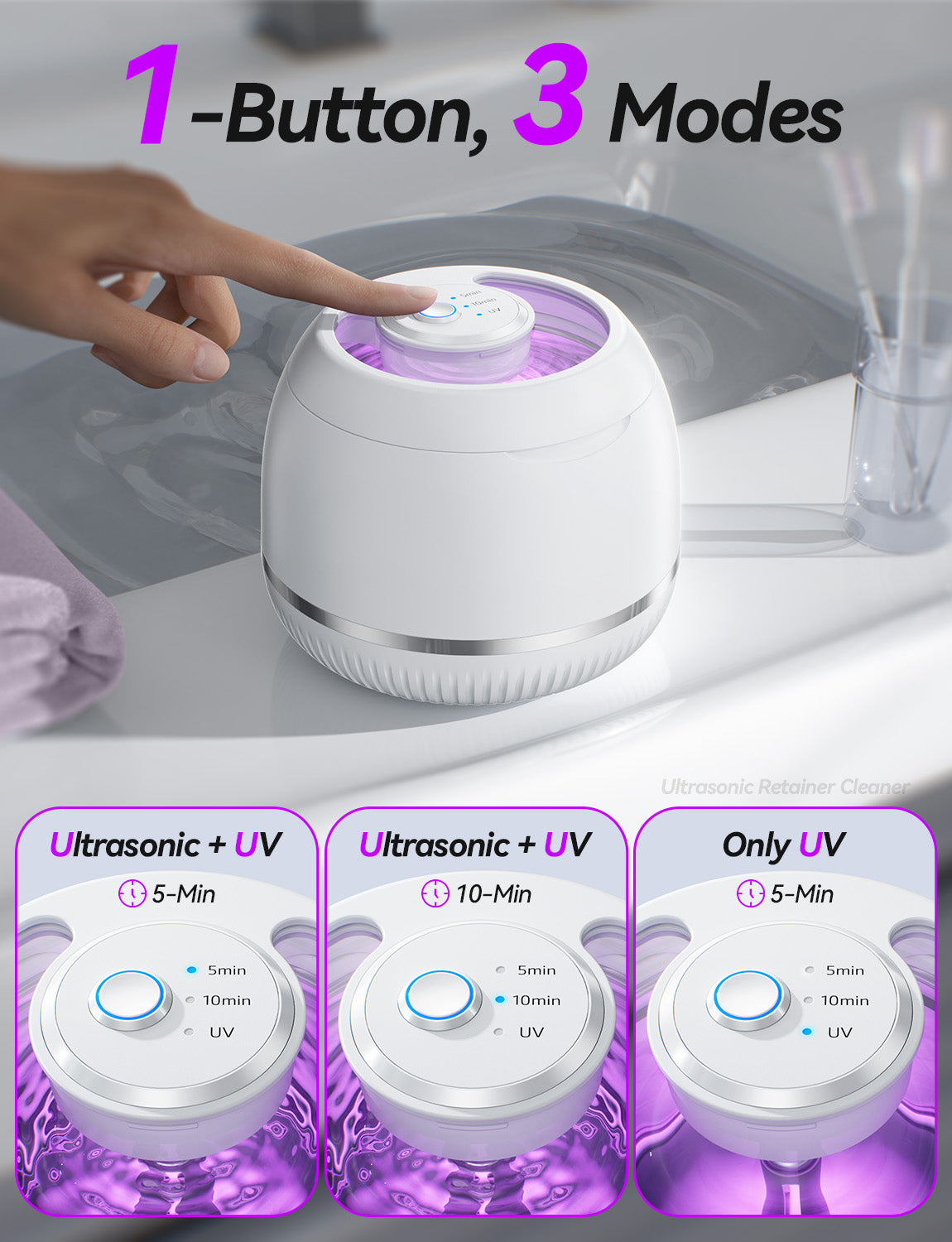 Beser Ultrasonic Retainer Cleaner, 2X Clean, 4X Sterilize, Dental Retainer Cleaner Machine Pod for Aligner, Nightguard, Mouth Guard, Denture Cleaner, Oral Dental Care, IPX6, 200ML, White
