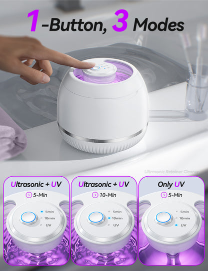 Beser Ultrasonic Retainer Cleaner, 2X Clean, 4X Sterilize, Dental Retainer Cleaner Machine Pod for Aligner, Nightguard, Mouth Guard, Denture Cleaner, Oral Dental Care, IPX6, 200ML, White